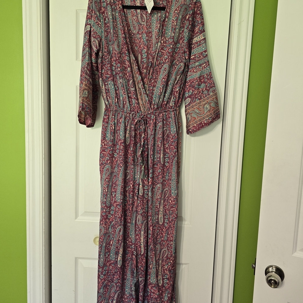 Women's Paisley Wrap Maxi Dress in Burgundy and Teal